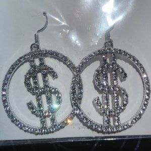 YOU NUO NEW SILVER TONE DOLLAR SIGN SPARKLY RHINESTONE EARRINGS Christmas gift